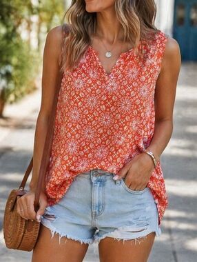 Cristina B Orange Printed Sleeveless High Low Blouse | Boho Lightweight Flowy